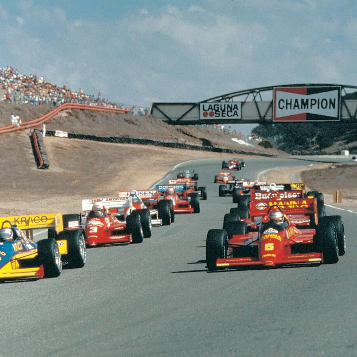 1987 CART IndyCar start at Laguna Seca with Mario Andretti on pole and his son Michael Andretti alongside