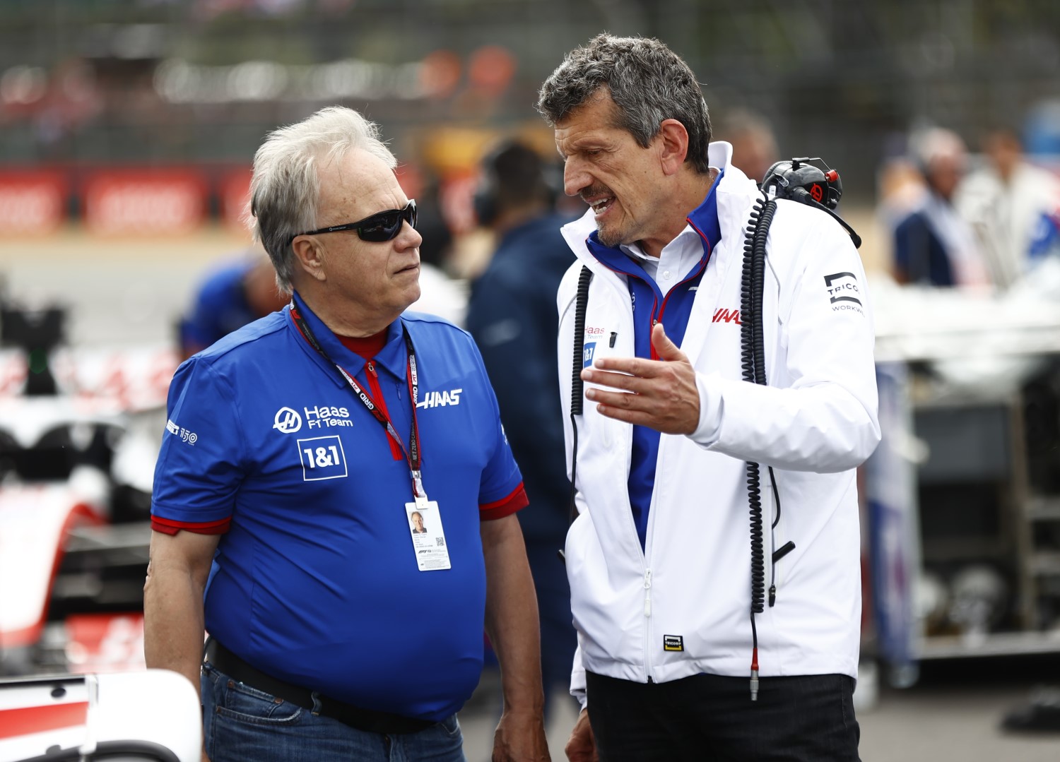 Gene Haas, Owner and Founder, Haas F1, and Guenther Steiner, Team Principal, Haas F1 during the British GP at Silverstone Circuit on Sunday July 03, 2022 in Northamptonshire, United Kingdom. (Photo by Andy Hone / LAT Images)